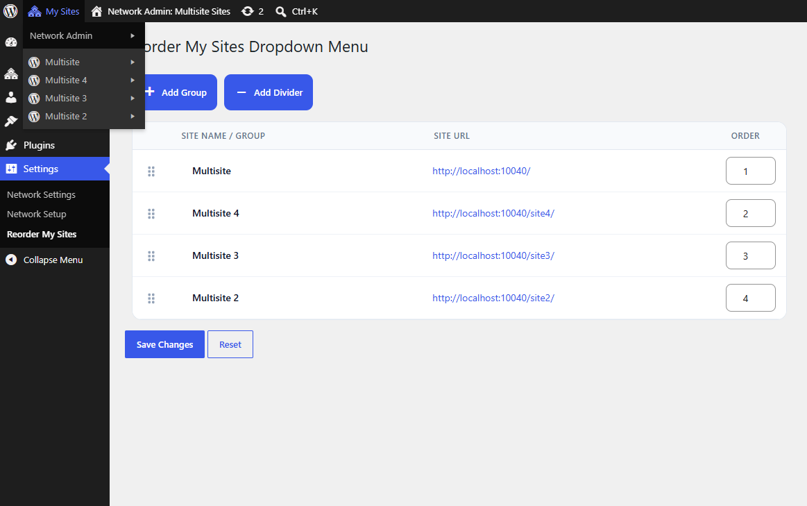 Reorder Multisite Main Page