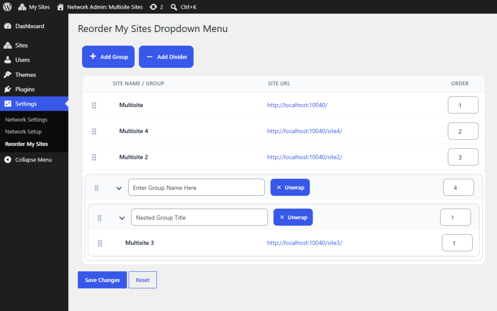 Reorder Multisite Nested Group